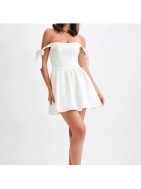 Meshki Rita satin White Off-Shoulder Mini Dress with bow Sleeves